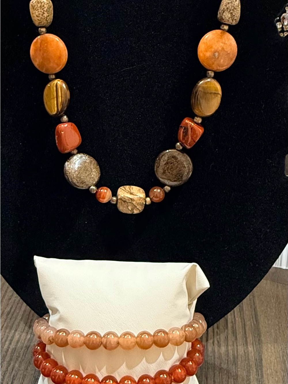 Natural Stone Multi-Tone Necklace and Bracelet Set - Brown & Orange